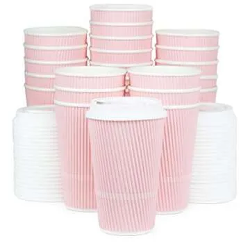 Glowcoast Disposable Coffee Cups With Lids - 16 oz To Go Coffee Cup (70 Pack). Large Travel Cups Hold Shape With Hot and Cold Drinks, No Leaks! Insulated Ripple Cups Protect Hands, No Sleeves needed!