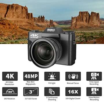 Digital Cameras for Photography, 4K 48MP Vlogging Camera 16X Digital Zoom Manual Focus Rechargeable ...
