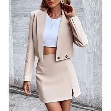 Dellytop Women's Business Casual Blazer Jackets and High Waisted Pencil Mini Skirt Suit Set Two Piece Outfits Khaki