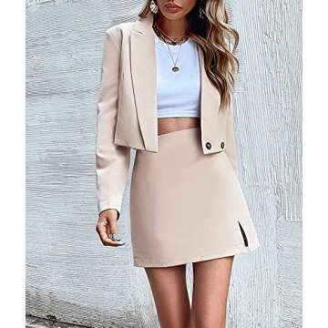 Dellytop Women's Business Casual Blazer Jackets and High Waisted Pencil Mini Skirt Suit Set Two Piece Outfits Khaki