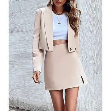 Dellytop Women's Business Casual Blazer Jackets and High Waisted Pencil Mini Skirt Suit Set Two Piece Outfits Khaki