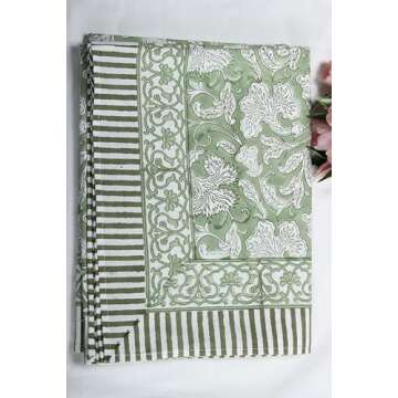 Ridhi Sage Green 60x90 Inches Cotton Hand Block Print Tablecloth for Elegant Dining