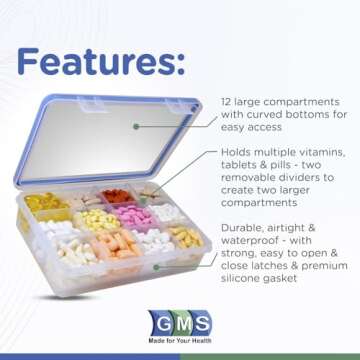 GMS 12 Compartment Vitamin Pill Organizer - Perfect for Travel and Daily Medication Management