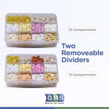 GMS 12 Compartment Vitamin Pill Organizer for Travel & Daily Use