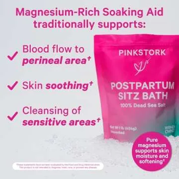 Pink Stork Postpartum Sitz Bath Soak: Dead Sea Salt for Perineal Care & Cleansing, Postpartum Recovery, Labor and Delivery Essentials, Women-Owned, Unscented, 16 oz