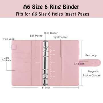 Antner A6 PU Leather Notebook Binder Refillable 6 Ring Budget Binder for A6 Filler Paper, Loose Leaf Personal Planner Binder Cover with Magnetic Buckle, Pink