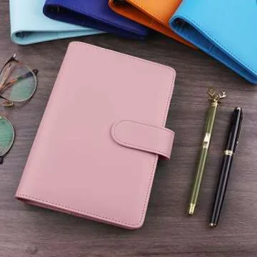 Antner A6 PU Leather Notebook Binder Refillable 6 Ring Budget Binder for A6 Filler Paper, Loose Leaf Personal Planner Binder Cover with Magnetic Buckle, Pink
