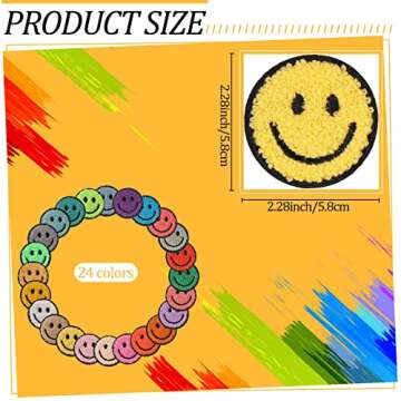 Juinte 24 Pcs Smile Face Patch Iron on Patches 2 Inch Chenille Cute Preppy Happy Face Patches Glitte...