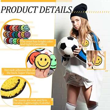 Juinte 24 Pcs Smile Face Patch Iron on Patches 2 Inch Chenille Cute Preppy Happy Face Patches Glitter Heat Sequins Applique for Backpacks Hats Clothes Jackets Decorative DIY Craft