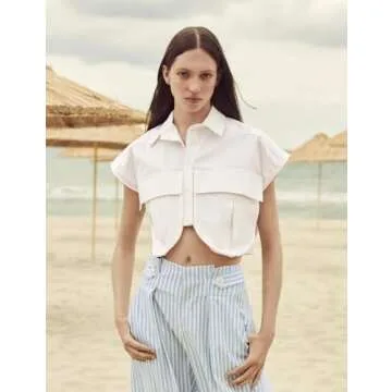 Perbai Womens Cropped Button Down Shirt Summer Collared Sleeveless Loose Denim Top with Pockets(White-L)