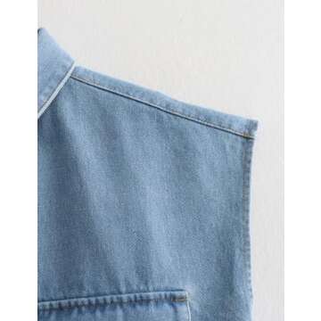 Perbai Womens Cropped Button Down Shirt Summer Collared Sleeveless Loose Denim Top with Pockets(White-L)