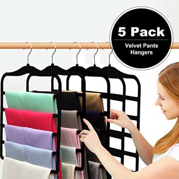 Closet Organizers and Storage,5 Pack Velvet Pants-Hangers-Space-Saving,Non Silp 5 Tier Scarf Jeans O...