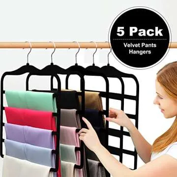Closet Organizers and Storage,5 Pack Velvet Pants-Hangers-Space-Saving,Non Silp 5 Tier Scarf Jeans O...