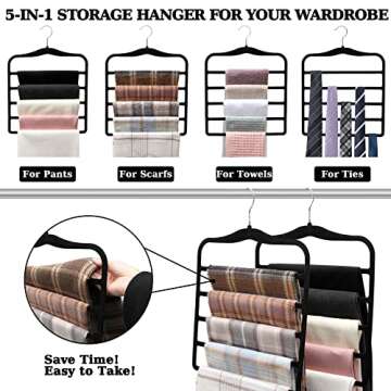 Closet Organizers and Storage,5 Pack Velvet Pants-Hangers-Space-Saving,Non Silp 5 Tier Scarf Jeans Organizer,Dorm Room Essentials for College Students Girls Boys Guys,Organization and Storage