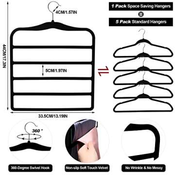 Closet Organizers and Storage,5 Pack Velvet Pants-Hangers-Space-Saving,Non Silp 5 Tier Scarf Jeans Organizer,Dorm Room Essentials for College Students Girls Boys Guys,Organization and Storage