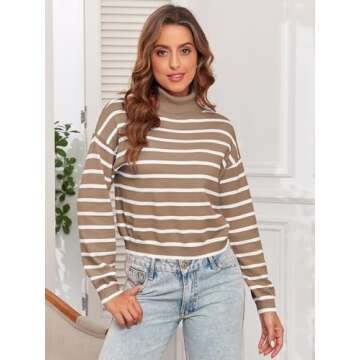 ZAFUL Women's 2024 Fall Sweater Turtleneck Long Sleeve Striped Casual Pullover Sweater Jumper Tops