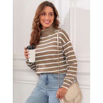 ZAFUL Women's 2024 Fall Sweater Turtleneck Long Sleeve Striped Casual Pullover Sweater Jumper Tops