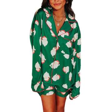 Faretumiya Women Christmas Pajamas Shorts Sets Santa Claus Pjs Long Sleeve Button Down Shirt Lounge ...