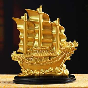 Sailing Ship Statue Wealth Ship Feng Shui Decor for Fortune, Wealth and Prosperity - Decorative Gold...