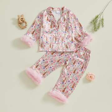 Multitrust Baby Girl Easter Day Silk Pajamas Set Bunny Carrot Button Down Feather Trim Sleeve Shirts...