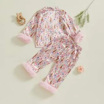 Multitrust Baby Girl Easter Day Silk Pajamas Set Bunny Carrot Button Down Feather Trim Sleeve Shirts Pants 2PCS Satin Pj Sets (A Pink, 18-24 Months)