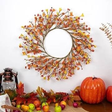 LLZLL 20" Artificial Fall Wreath, Autumn Wreaths for Front Door Fall Berry Wreath with Pumpkin for Farmhouse Thanksgiving Wall Window Decorations