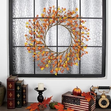 LLZLL 20" Artificial Fall Wreath, Autumn Wreaths for Front Door Fall Berry Wreath with Pumpkin for Farmhouse Thanksgiving Wall Window Decorations