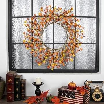 LLZLL 20" Artificial Fall Wreath, Autumn Wreaths for Front Door Fall Berry Wreath with Pumpkin for Farmhouse Thanksgiving Wall Window Decorations