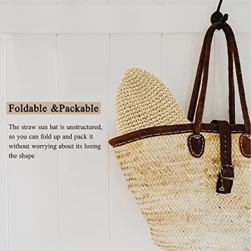 Womens Floppy Straw Sun Hat Foldable Packable Wide Brim Summer Beach Hat Crochet Bucket Hat (US, Alpha, One Size, Beige)