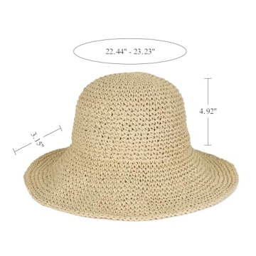 Womens Floppy Straw Sun Hat Foldable Packable Wide Brim Summer Beach Hat Crochet Bucket Hat (US, Alpha, One Size, Beige)