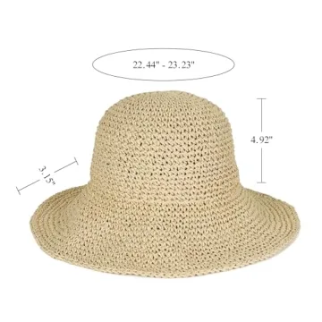 Womens Floppy Straw Sun Hat Foldable Packable Wide Brim Summer Beach Hat Crochet Bucket Hat (US, Alpha, One Size, Beige)