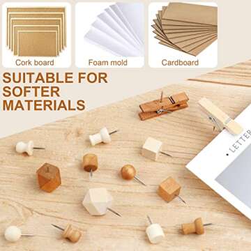 120Pcs Wooden Thumb Tacks, Wood and Brown Push Pins, 7 Shapes Push Pins for Cork Board Decoration Tacks, Push Pins for Wall for Bulletin Boards, Cork Boards, Whiteboards, Photo Walls, Crafts Project