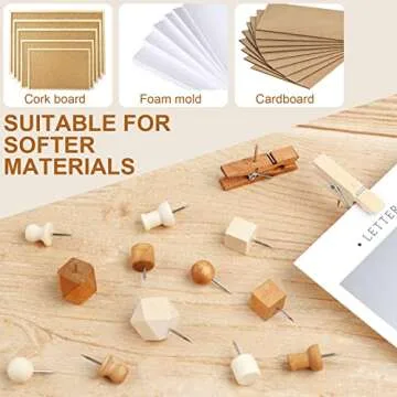 120Pcs Wooden Thumb Tacks, Wood and Brown Push Pins, 7 Shapes Push Pins for Cork Board Decoration Tacks, Push Pins for Wall for Bulletin Boards, Cork Boards, Whiteboards, Photo Walls, Crafts Project