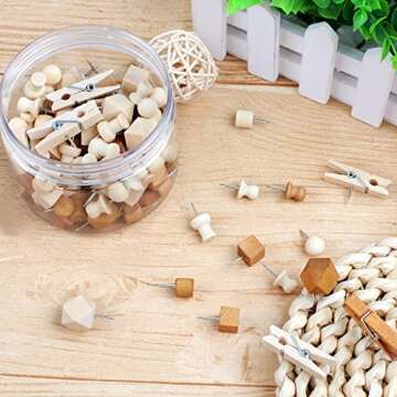 120Pcs Wooden Thumb Tacks, Wood and Brown Push Pins, 7 Shapes Push Pins for Cork Board Decoration Tacks, Push Pins for Wall for Bulletin Boards, Cork Boards, Whiteboards, Photo Walls, Crafts Project
