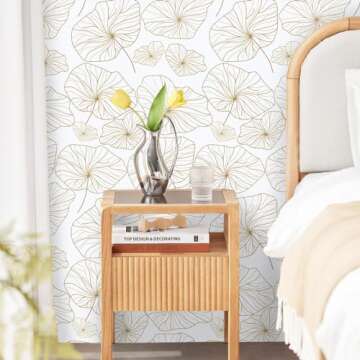 Nukofal Gold Peel and Stick Wallpaper Lotus Leaf 17.7In X 118.1In Flower Contact Paper Modern Remova...