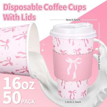 Whaline 50 Set Pink Bow Disposable Coffee Cups with Lids and Sleeves Coquette Bowknot Paper Drinking...