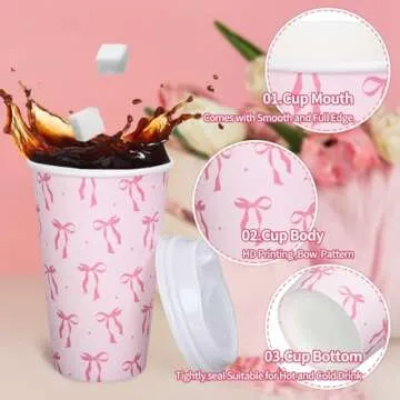 Whaline 50 Set Pink Bow Coffee Cups Perfect for Parties