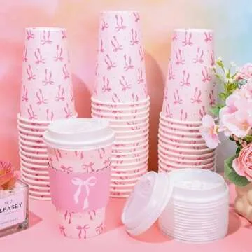 Whaline 50 Set Pink Bow Coffee Cups Perfect for Parties
