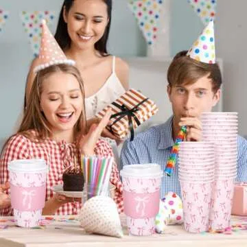 Whaline 50 Set Pink Bow Coffee Cups Perfect for Parties