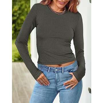 MEROKEETY Women Long Sleeve Slim Fit Crop Shirt Ribbed Knit Tops Casual Round Neck Y2K Tees Darkgrey...