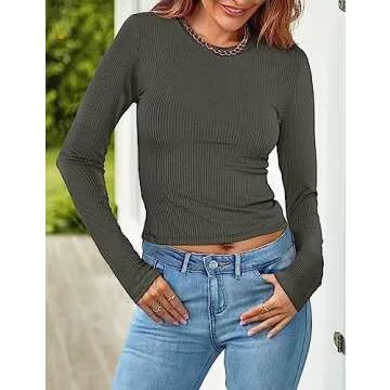 MEROKEETY Women Long Sleeve Slim Fit Crop Shirt - Y2K Fashion - Dark Grey