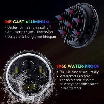 BEEYEO 7 Inch Round LED Headlight RGB Halo Angel Eyes DOT Approved Halo Headlights for Wrangler JK TJ LJ CJ Sahara Sport Rubicon Headlight 1997~2017, 2Pack RGB Headlights