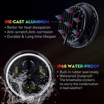 BEEYEO 7 Inch Round LED Headlight RGB Halo Angel Eyes DOT Approved Halo Headlights for Wrangler JK TJ LJ CJ Sahara Sport Rubicon Headlight 1997~2017, 2Pack RGB Headlights