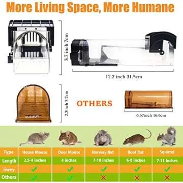 Humane Mouse Traps, 12 inches Enlarged No Kill Rat Live Traps for Chipmunks, Reusable Catch and Release Mice, Pet and Children Friendly Mouse Trap That Work (2 Pack)