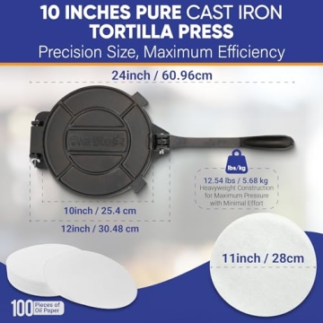 10 Inch Cast Iron Tortilla Press for Perfect Tortillas and More