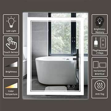 LED Bathroom Mirror Wall-Mounted Vanity Mirror with Anti Fog,Dimmable Waterproof Smart Touch Button ...