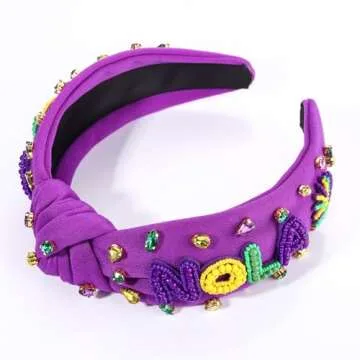 NVENF Mardi Gras Headbands for Women Crown Mask Headband Green Purple Yellow Rhinestone Jeweled Knotted Headband Mardi Gras Accessories Carnival Oufits Party Favors Gift (NOLA Purple)