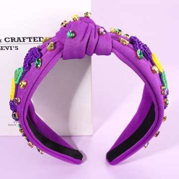 NVENF Mardi Gras Headbands for Women Crown Mask Headband Green Purple Yellow Rhinestone Jeweled Knotted Headband Mardi Gras Accessories Carnival Oufits Party Favors Gift (NOLA Purple)