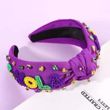 NVENF Mardi Gras Headbands for Women Crown Mask Headband Green Purple Yellow Rhinestone Jeweled Knotted Headband Mardi Gras Accessories Carnival Oufits Party Favors Gift (NOLA Purple)