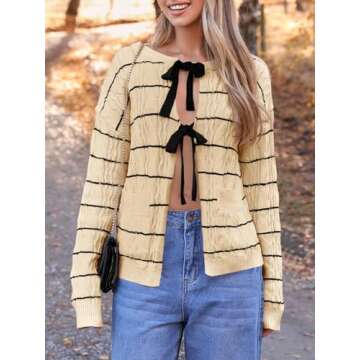 Saodimallsu Womens Striped Tie Front Cardigan Sweaters Crew Neck Long Sleeve Cable Knit Bow Knot Tre...